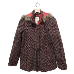 Mossimo Navy & Coral Faux Fur Hooded Wool Blend Coat Sz L